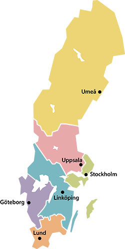 Sverigkarta som beskriver upptagningsområden för rättsmedicin